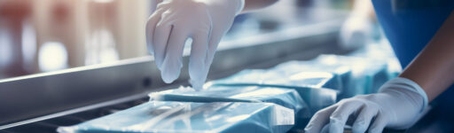 Hands of a worker placing packaged medical equipment into boxes on a conveyor belt, part of the healthcare supply chain.