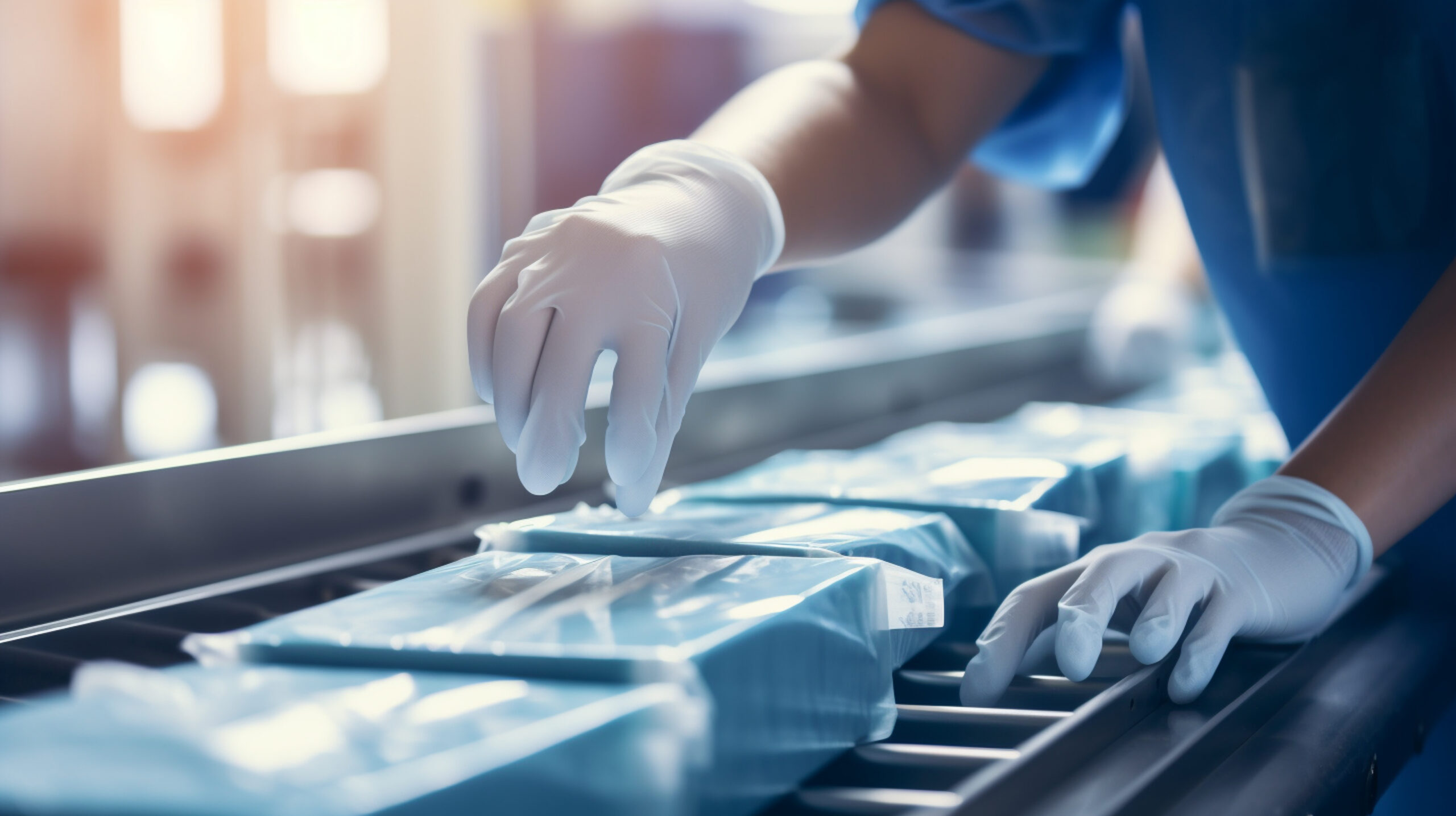 Hands of a worker placing packaged medical equipment into boxes on a conveyor belt, part of the healthcare supply chain