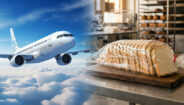 Collage of airplane flying in the sky and bagged loaf of bread sitting on a counter